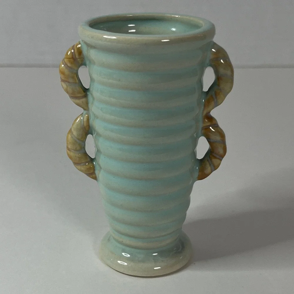 Vintage Japan Ceramic Sunflower Bud Vase Blue Ribbed Double Rope Handle Pottery